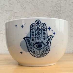 Wandering Moon White Ceramic Noodle Bowl with blue Hamsa Design